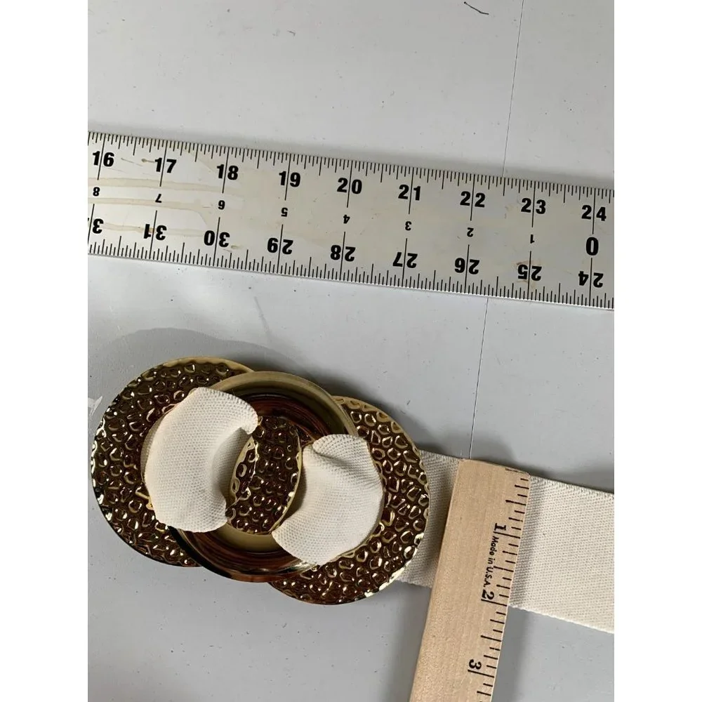 Vintage Statement Belt Womens Gold Accent White Elastic Waist 90s‎ Retro Wide